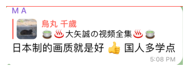 Original message quoting 大矢誠の動画全集, a complete collection of Makoto Oya’s videos, followed by a Chinese message praising material as made in Japan.